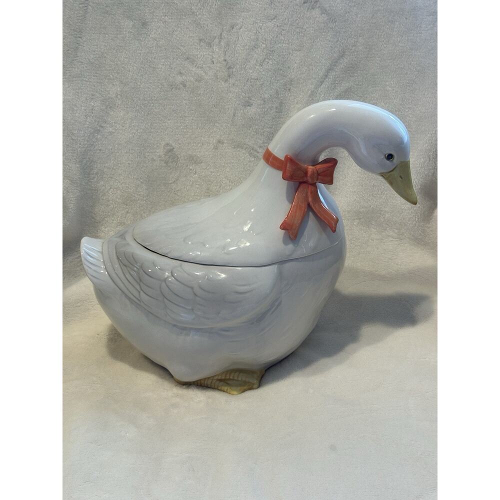 Otagiri Vtg White Goose Cookie Jar 1983 Retro Ceramic Red Ribbon Cottagecore